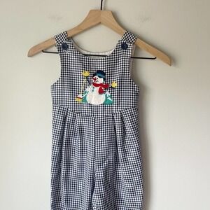 Vintage Boys Blue Gingham Snowman Winter Applique Button Romper Size 2